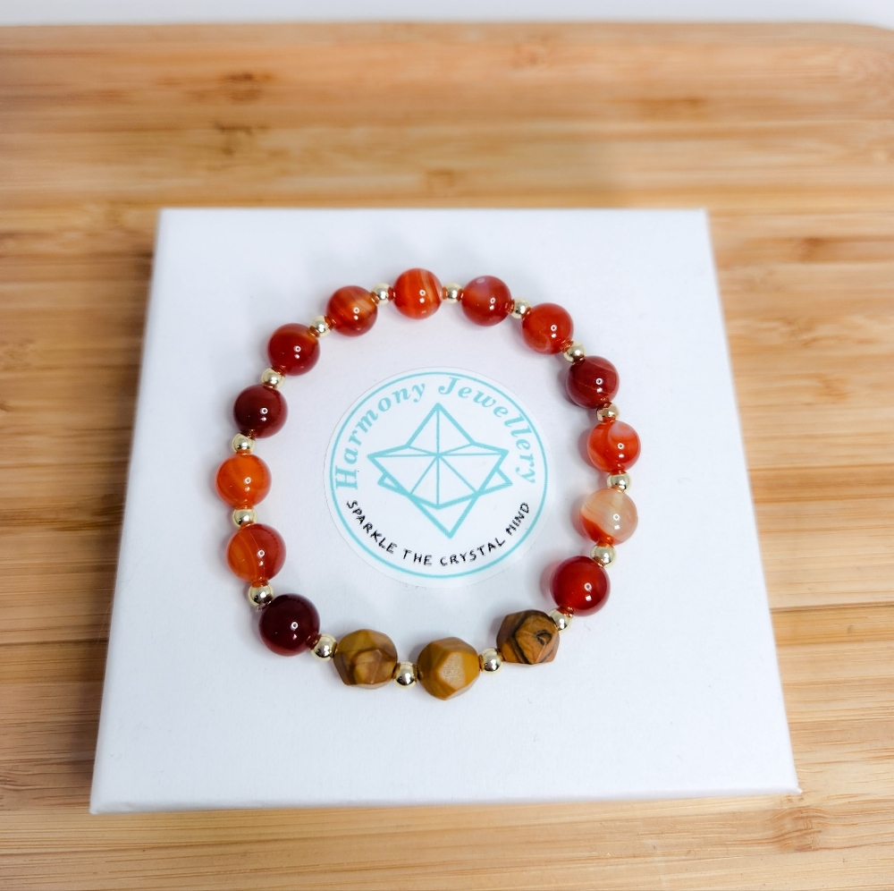 6 mm Carnelian and  8 mm Faceted Picture Jasper Bracelet
